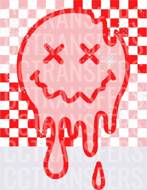 Red Dripping Melting Smiley Face Checkered Background (DTF)