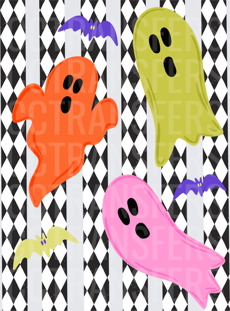 Colorful Halloween Ghosts and Bats Harlequin Pattern (DTF)