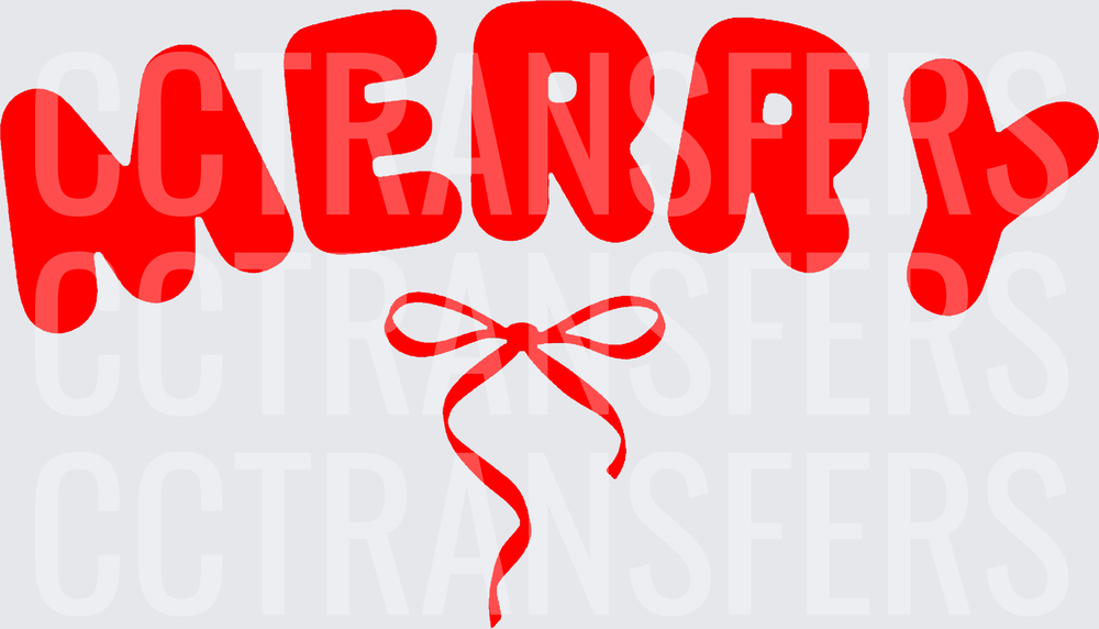Red Bubble Letter MERRY with Ribbon Bow (DTF)