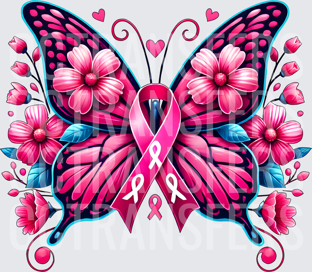Pink Butterfly Breast Cancer Awareness Ribbon Floral (DTF)
