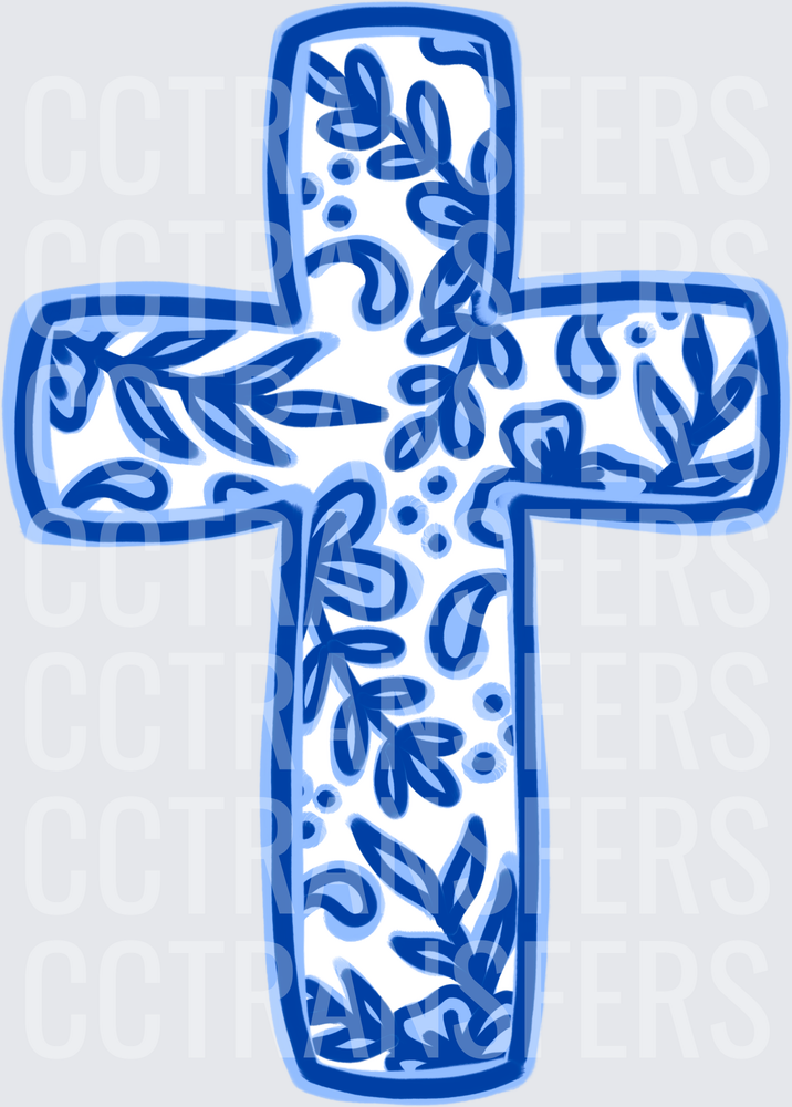 Blue and White Floral Christian Cross (DTF)