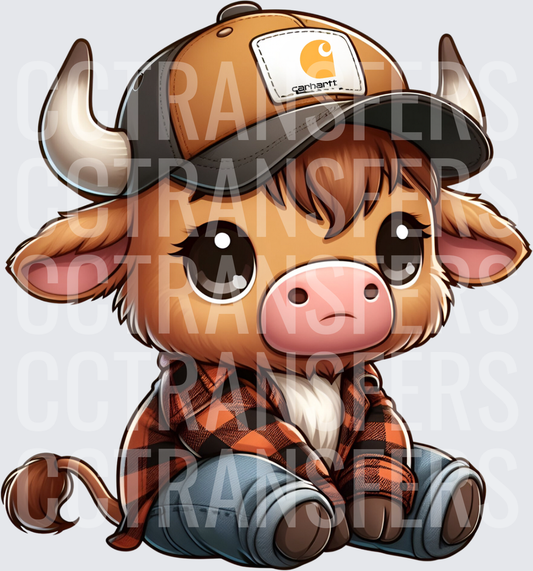 Cute Baby Highland Cow Flannel Shirt Jeans Baseball Cap (DTF)
