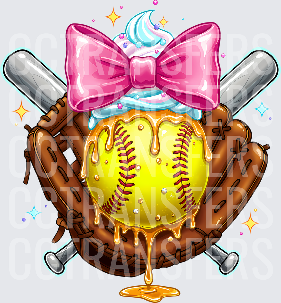 Dripping Softball Glove Crossed Bats Pink Bow Coquette (DTF)