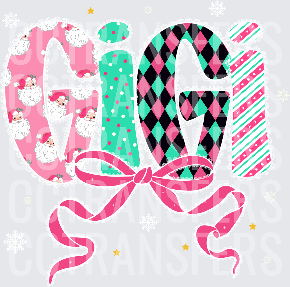 GiGi Christmas Patterned Letters Pink Bow Santa (DTF)