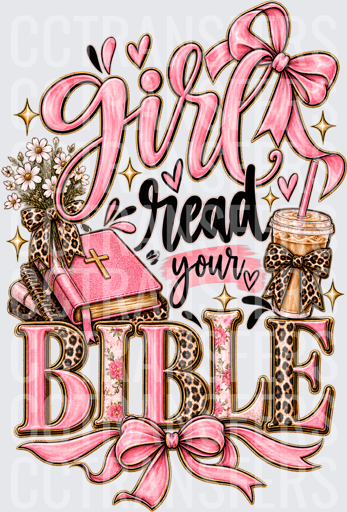 Girl Read Your Bible Pink Leopard Bow Coffee (DTF)