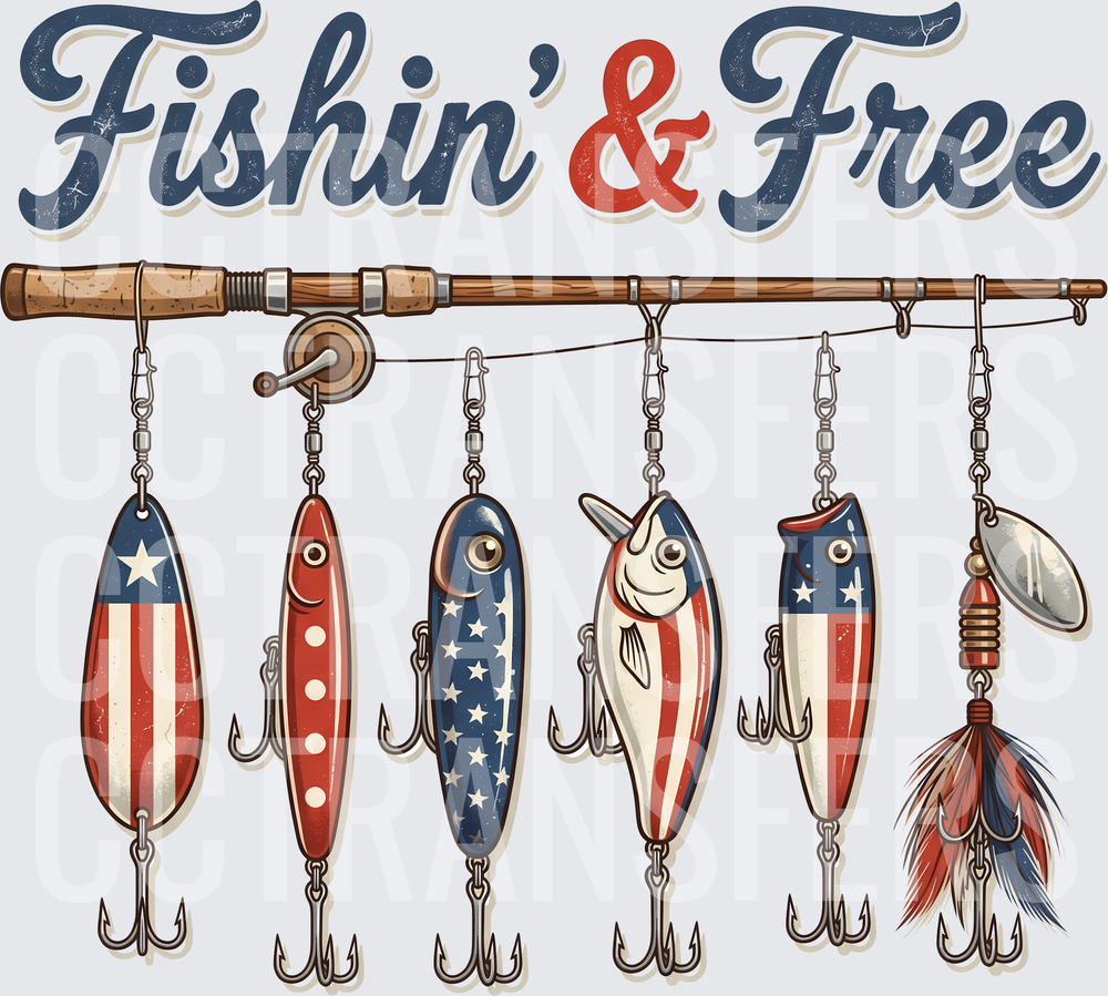 Fishin' & Free Patriotic Lures on Fishing Rod (DTF)
