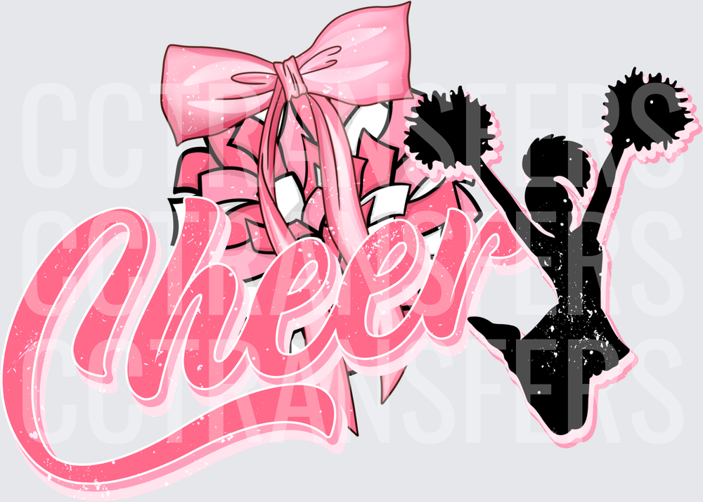 Pink Cheer Script with Bow Poms and Jumping Silhouette (DTF)