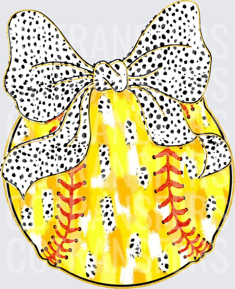 Dalmatian Print Bow Yellow Softball with Red Stitching (DTF)