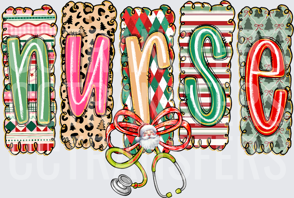 Christmas Nurse Patchwork Letters Santa Stethoscope (DTF)