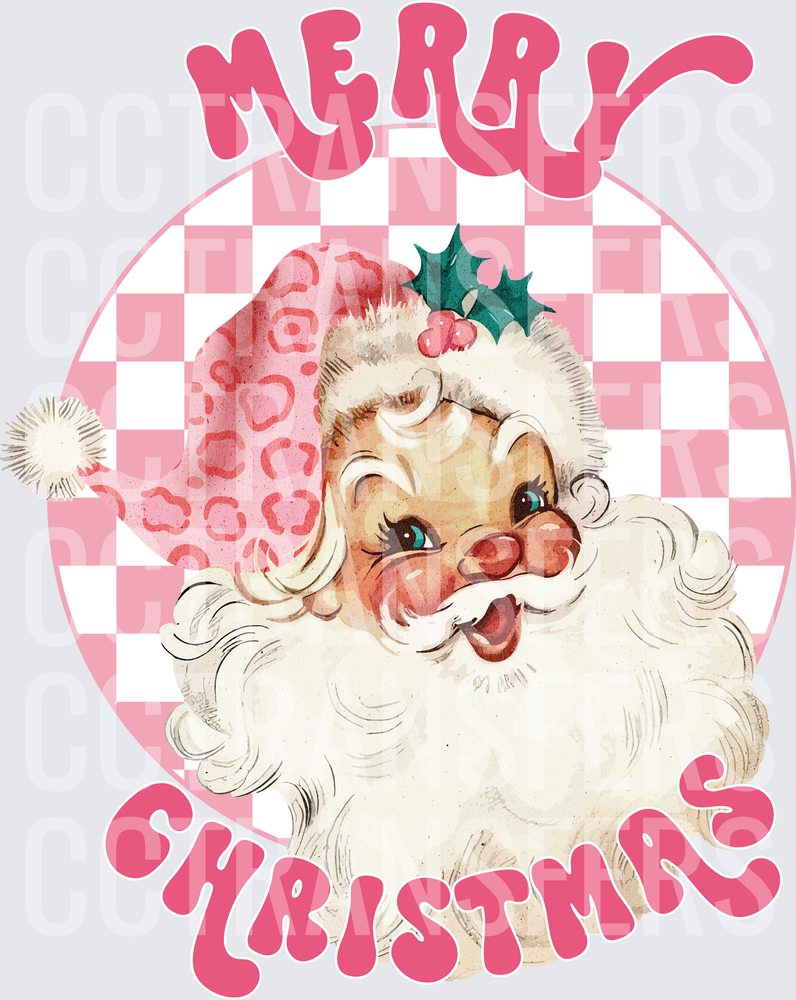 Merry Christmas Retro Pink Checkered Santa (DTF)