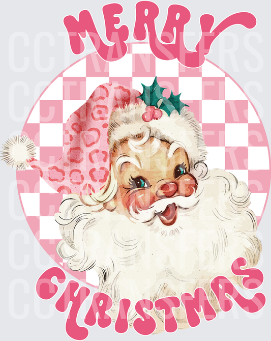 Merry Christmas Retro Pink Checkered Santa (DTF)