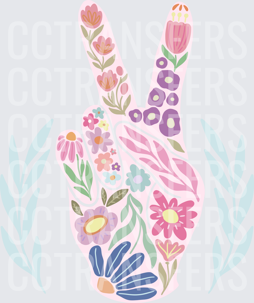 Floral Peace Sign Hand with Wildflowers and Leaves (DTF)