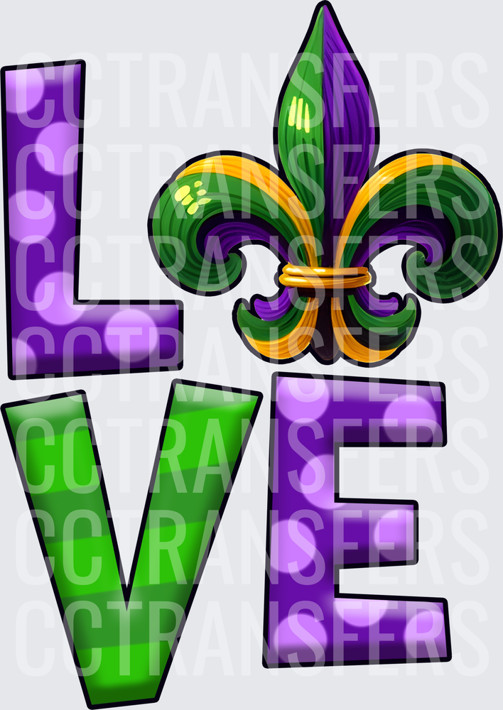 LOVE Mardi Gras Fleur De Lis Purple Green Gold (DTF)