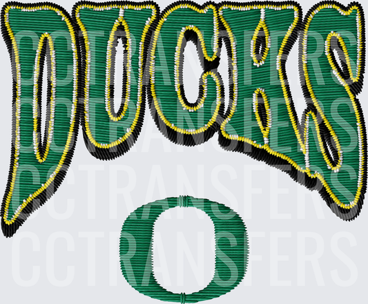 Ducks Embroidery Style Green Gold Lettering with O Logo (DTF)