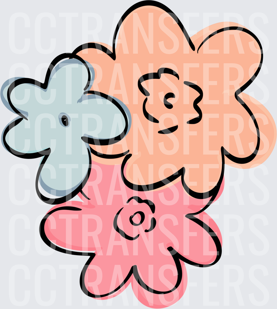 Retro Cartoon Flower Trio Peach Pink Blue Bold Outline (DTF)