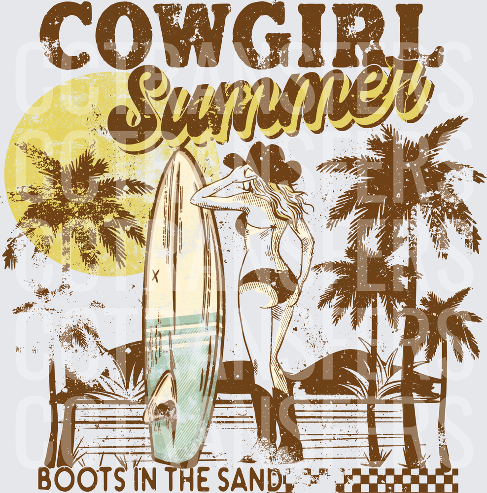 Cowgirl Summer Boots In The Sand Surfboard Beach (DTF)
