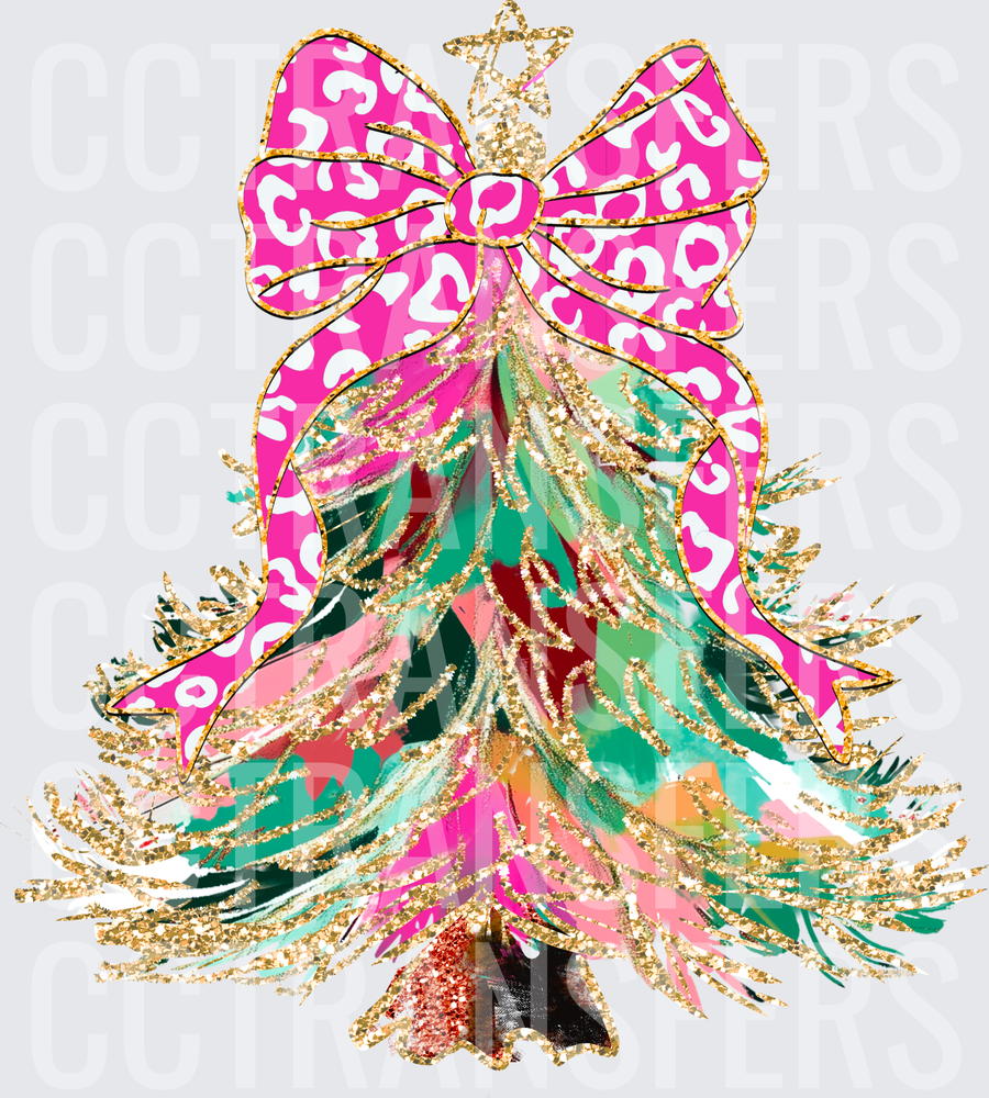 Glitter Christmas Tree Pink Leopard Bow Gold Star (DTF)