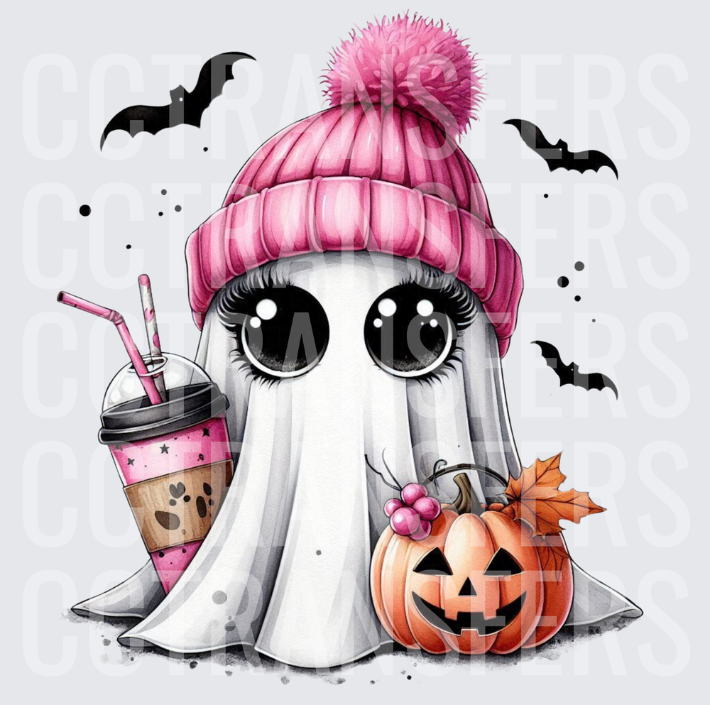 Cute Ghost Pink Pom Beanie Coffee Jack-O-Lantern Bats (DTF)
