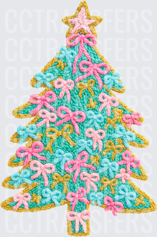 Crochet-Style Christmas Tree with Bows and Star (DTF)