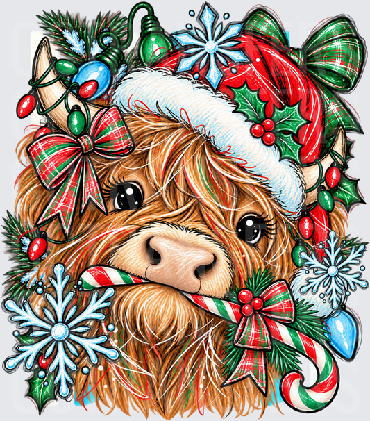 Fluffy Highland Cow Santa Hat Candy Cane Christmas (DTF)