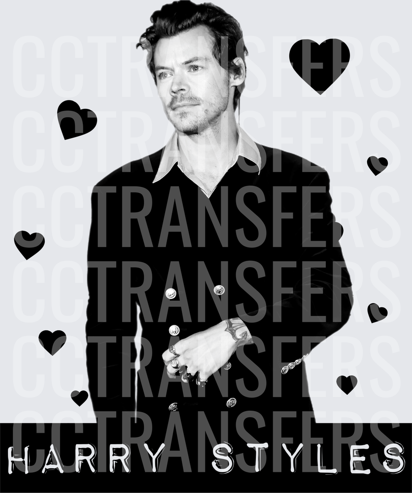 Black & White Male Singer Portrait Hearts Design DTF