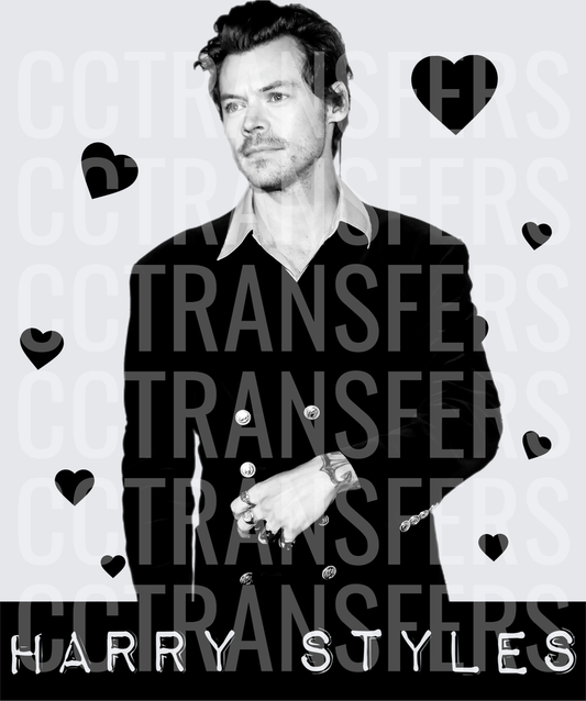 Black & White Male Singer Portrait Hearts Design DTF