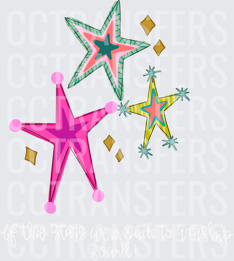 Retro Boho Stars Cluster Pink Green Gold Sparkle (DTF)