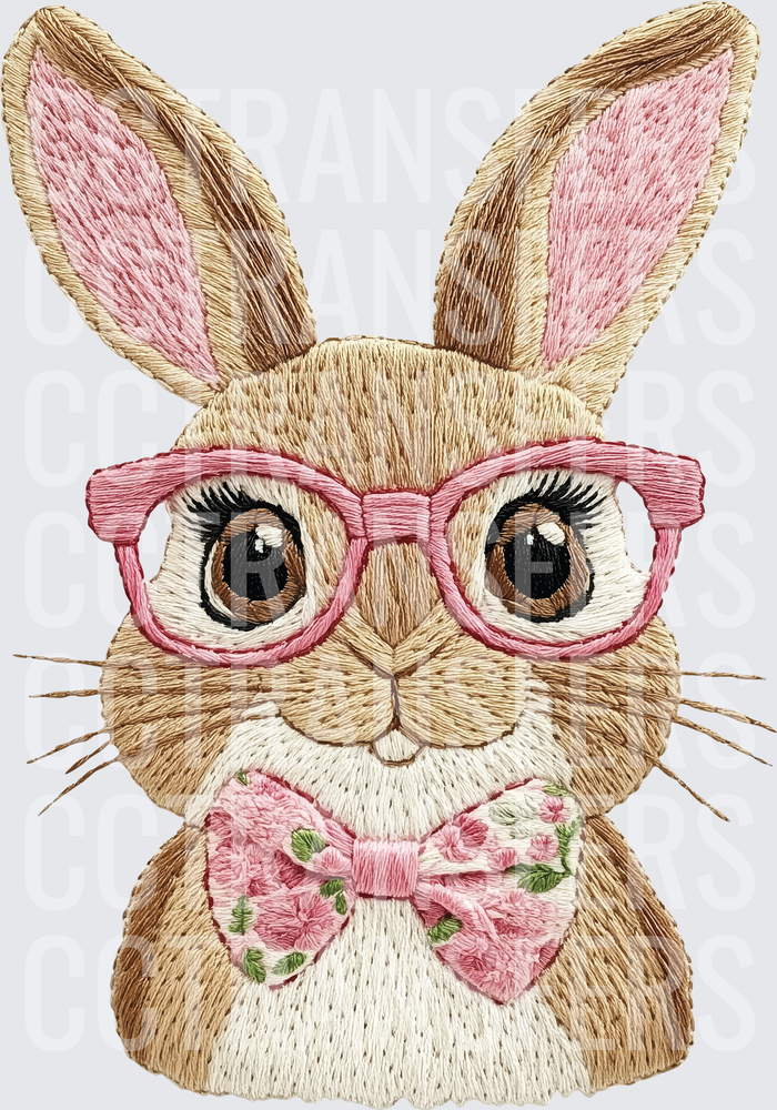 Embroidered Bunny with Pink Glasses and Floral Bow Tie (DTF)