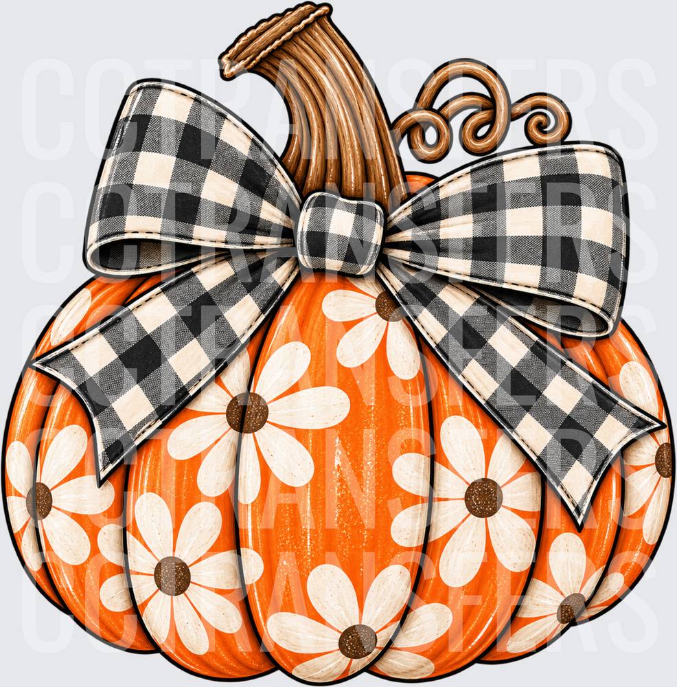 Orange Daisy Pumpkin with Buffalo Plaid Bow (DTF)
