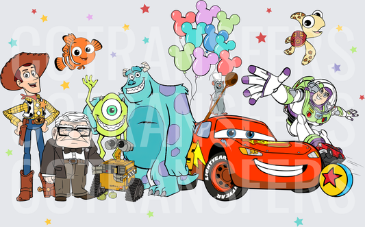 Animated Movie Characters Group Colorful Stars Balloons (DTF)