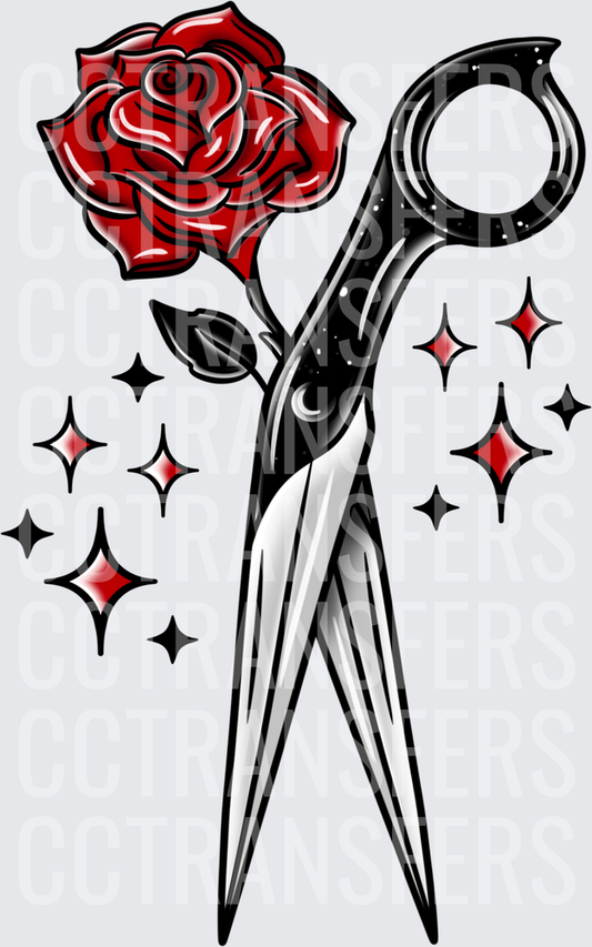 Tattoo Style Scissors Red Rose Sparkles (DTF)