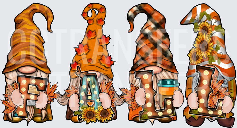 Four Fall Gnomes Marquee Letters Autumn Leaves Sunflowers (DTF)
