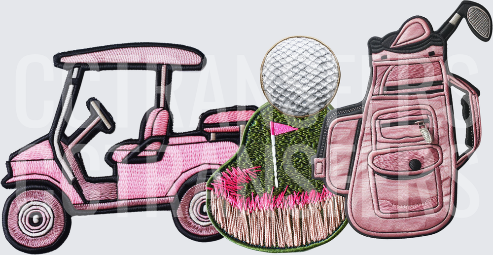 Pink Golf Cart Bag and Ball Embroidery Patch Set (DTF)