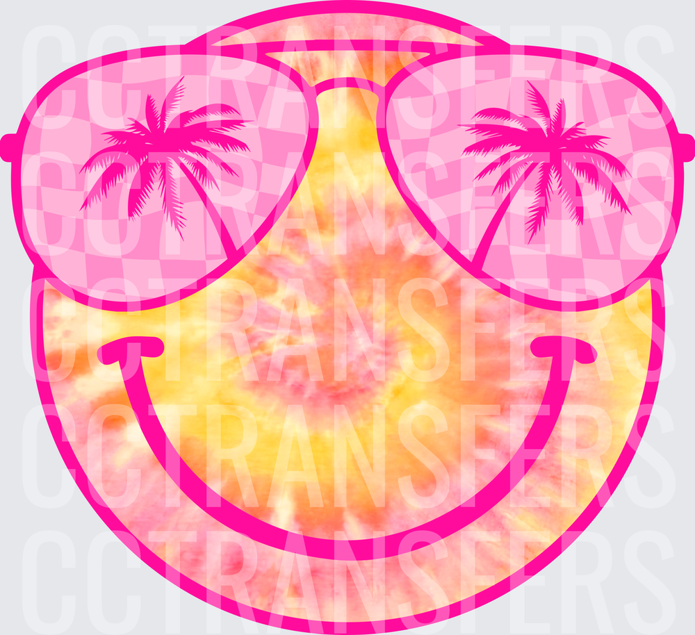 Tie Dye Smiley Face Aviator Sunglasses Palm Tree Reflection (DTF)