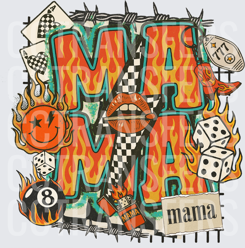 Mama Flame Letter Collage Barbed Wire Dice Cards (DTF)
