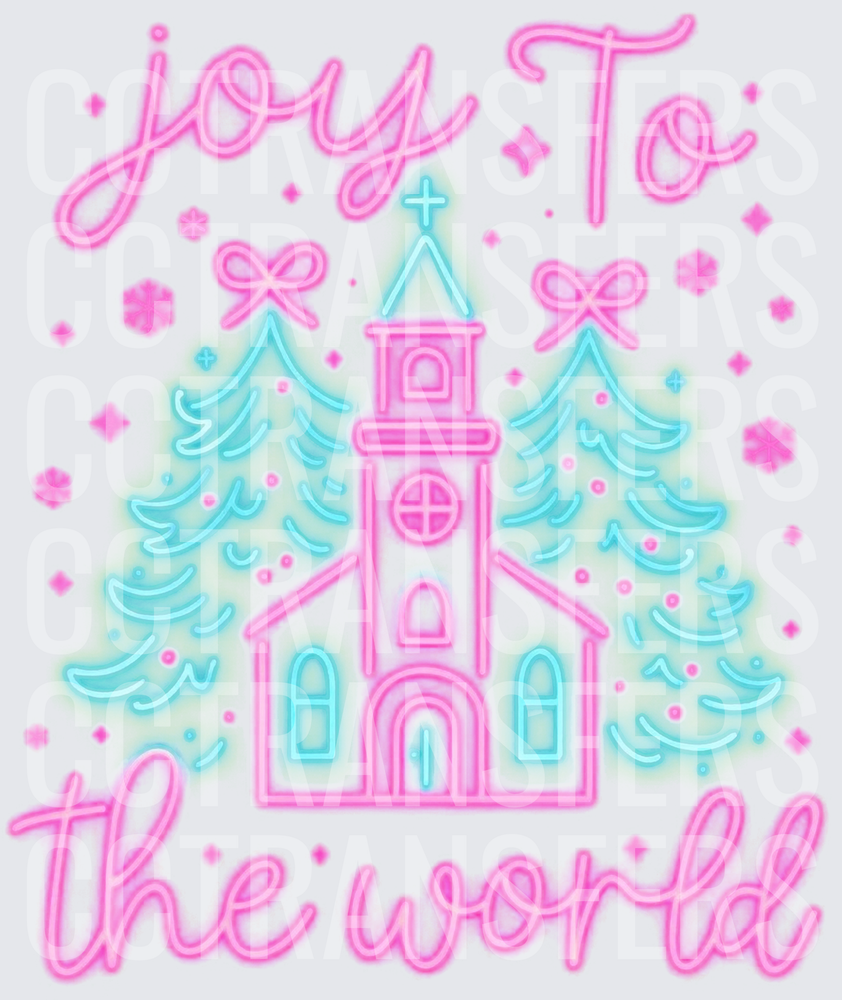 Joy To The World Neon Church Christmas Trees Pink (DTF)