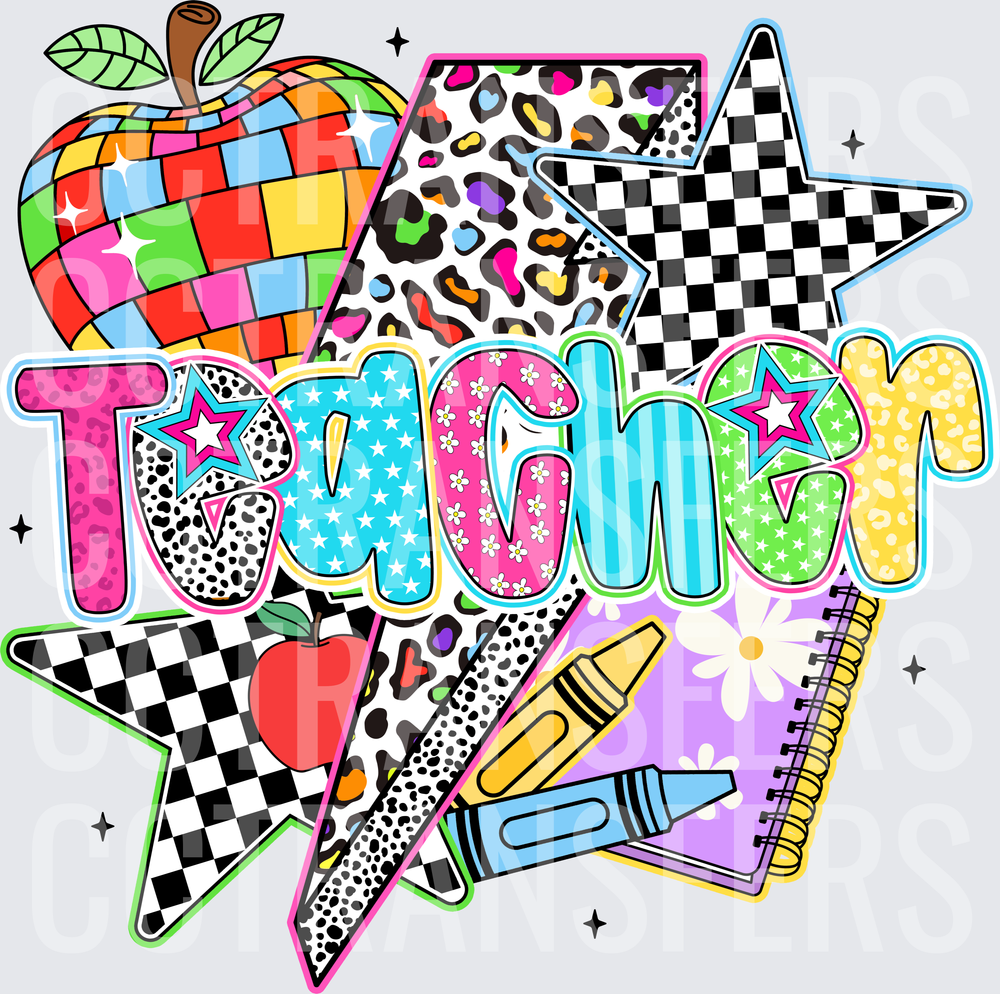 Colorful Patterned Teacher Text with School Supplies Stars (DTF)