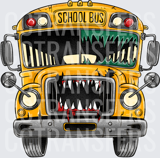 Monster School Bus Fangs Horror Front View (DTF)