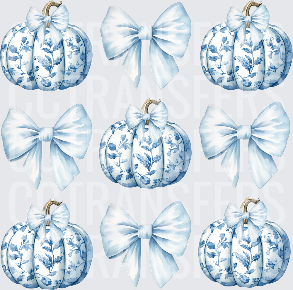Blue and White Chinoiserie Pumpkins with Bows Bundle (DTF)