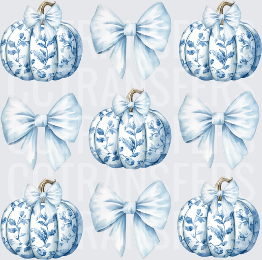 Blue and White Chinoiserie Pumpkins with Bows Bundle (DTF)