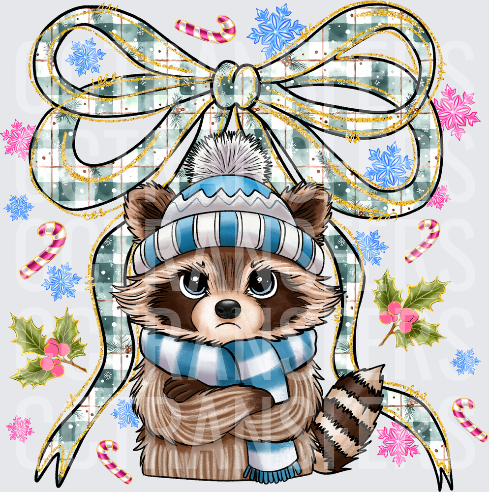 Grumpy Winter Raccoon Christmas Bow Snowflakes (DTF)