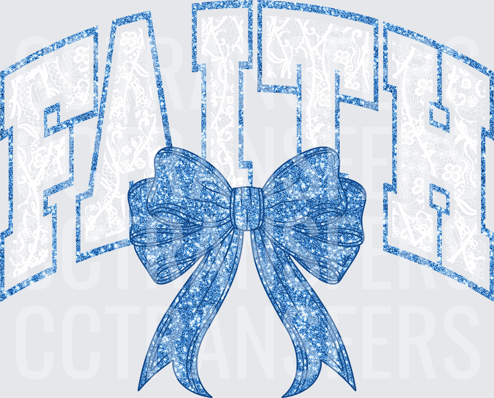 Glitter Blue FAITH Arched Letters with Bow (DTF)
