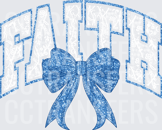 Glitter Blue FAITH Arched Letters with Bow (DTF)