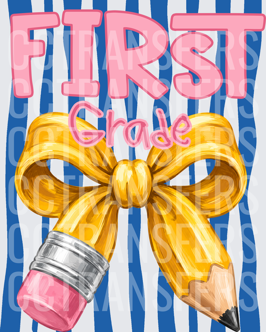 First Grade Pencil with Gold Bow Blue Stripe (DTF)