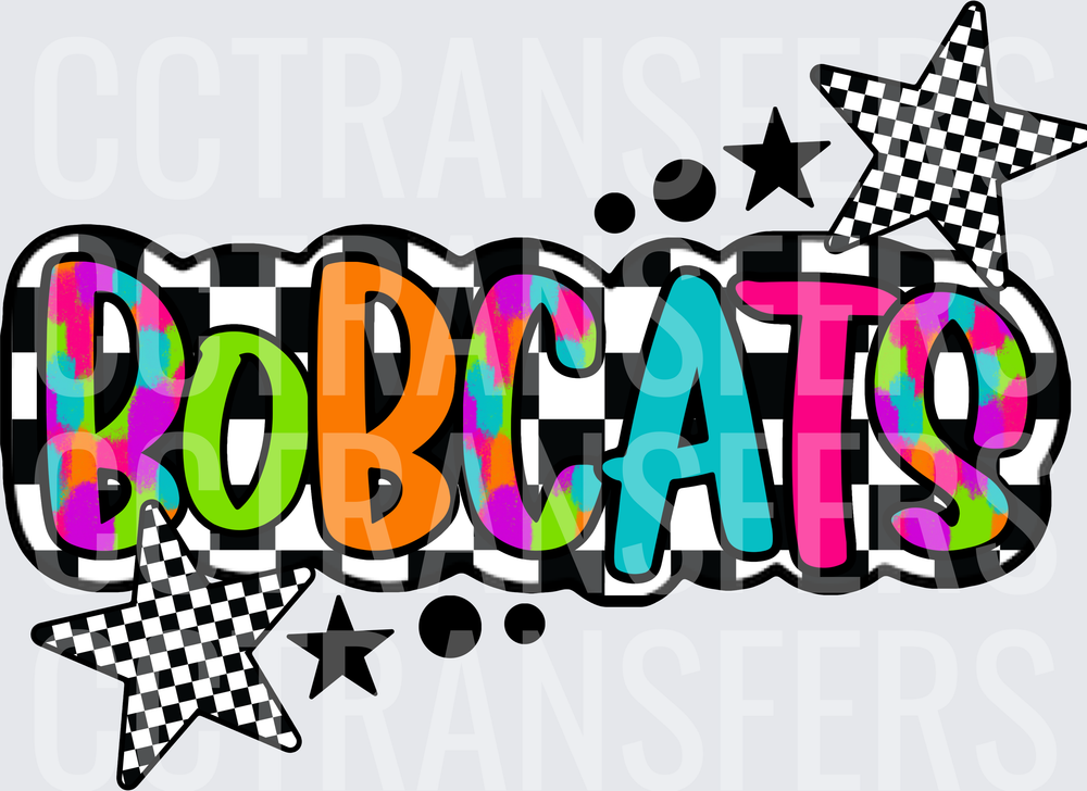 Bobcats Neon Leopard Checkered Stars Bold Text (DTF)