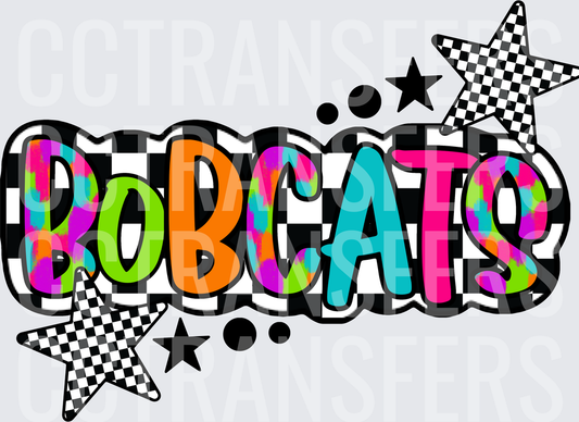 Bobcats Neon Leopard Checkered Stars Bold Text (DTF)