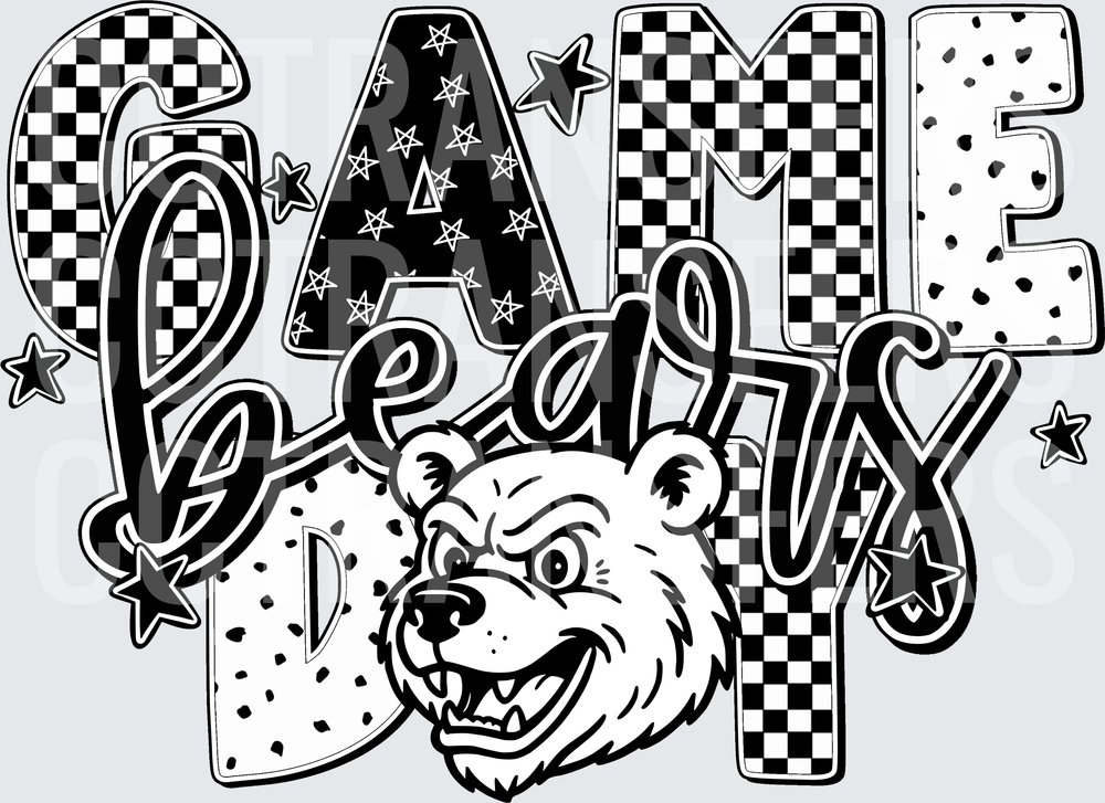 Game Day Bears Mascot Checkered Stars Bold Lettering (DTF)
