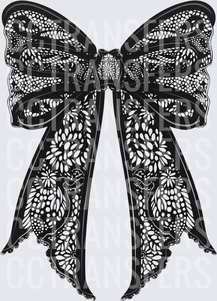 Black Lace Floral Bow with Ribbon Tails (DTF)