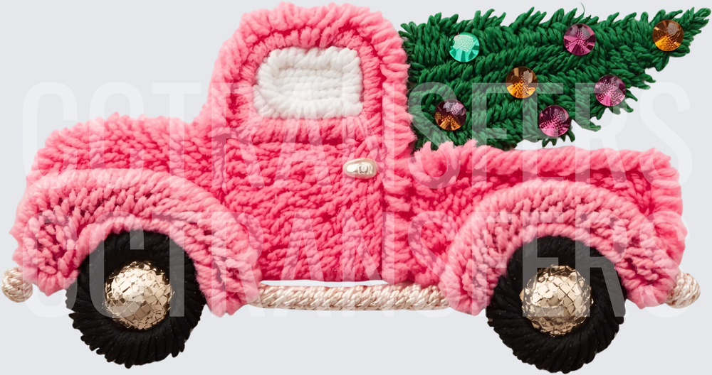 Fuzzy Yarn Pink Vintage Truck with Christmas Tree (DTF)