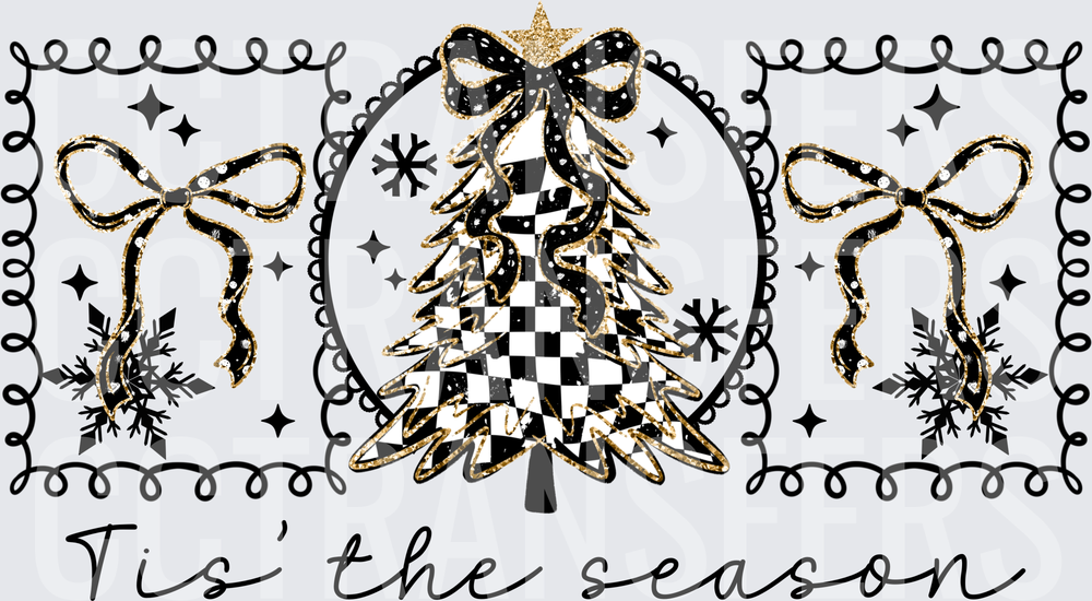 Tis The Season Black Gold Checkered Christmas Tree Bows DTF